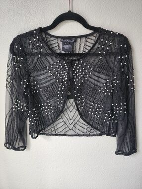 Pissaro Nights NWT Beaded Pearl Sheer Capalet Cropped Jacket Size 10 In Black